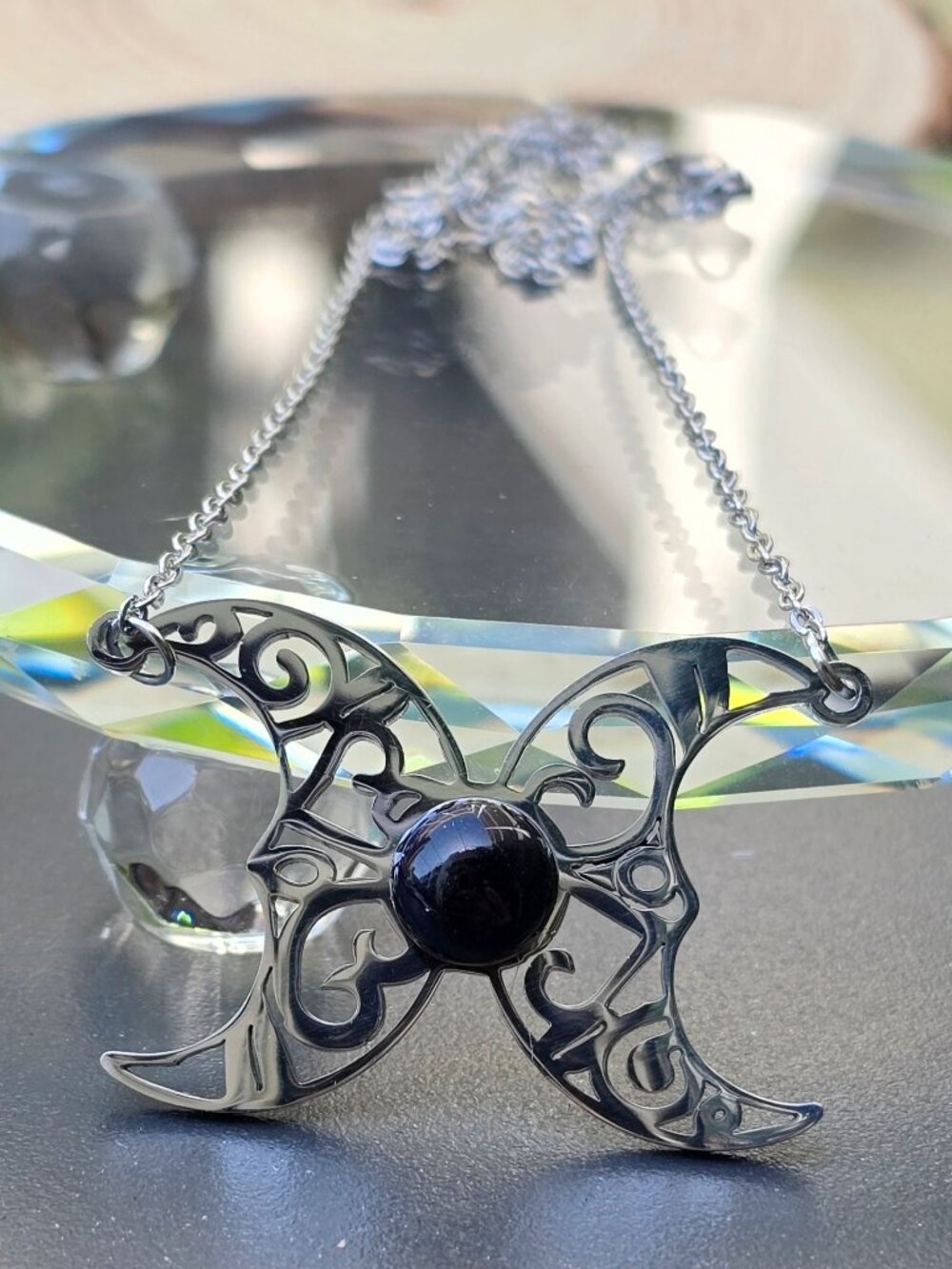 Crescent Moon ✦ Hematite Filigree Pendant ✦ Gothic Celestial Alt Necklace NWT - Picture 4 of 6